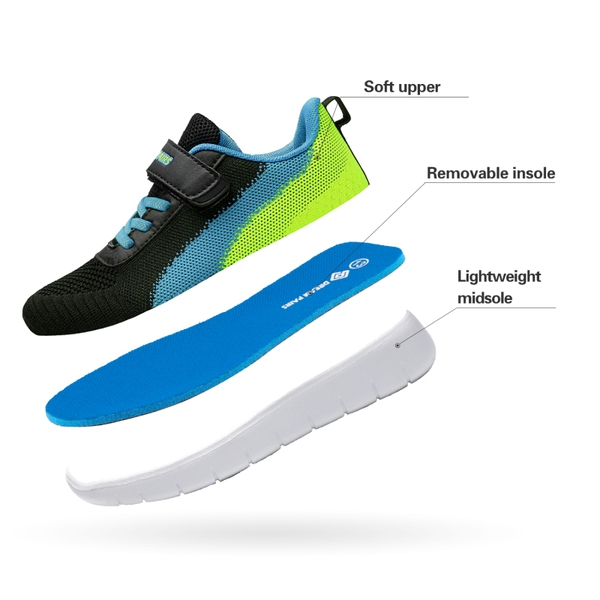 [EZ-Ons MagicZips] Boys Girls Tennis Running Shoes - BLACK BLUE NEON GREEN - 4